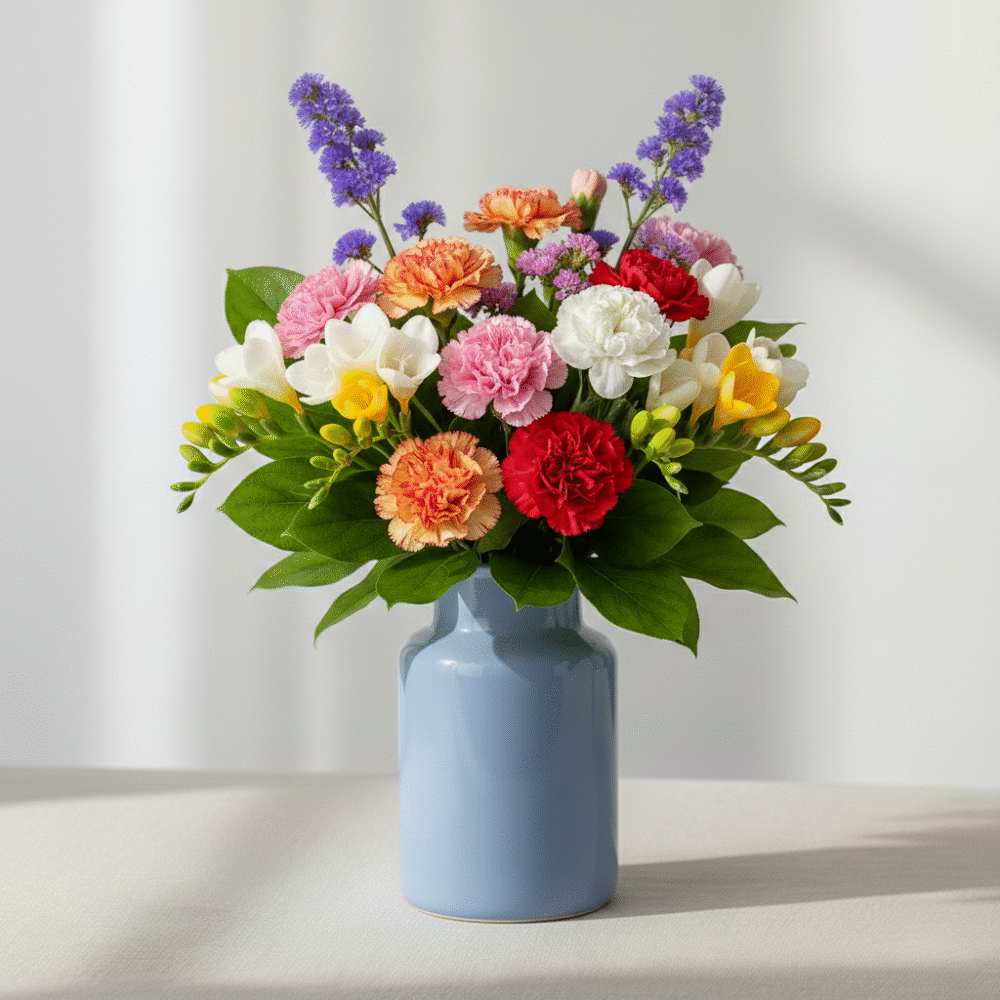 A traditional Heritage Mix bouquet by Classic Flowers, featuring vibrant scented freesias, ruffled heirloom carnations, and purple limonium with fresh green foliage from Guernsey.