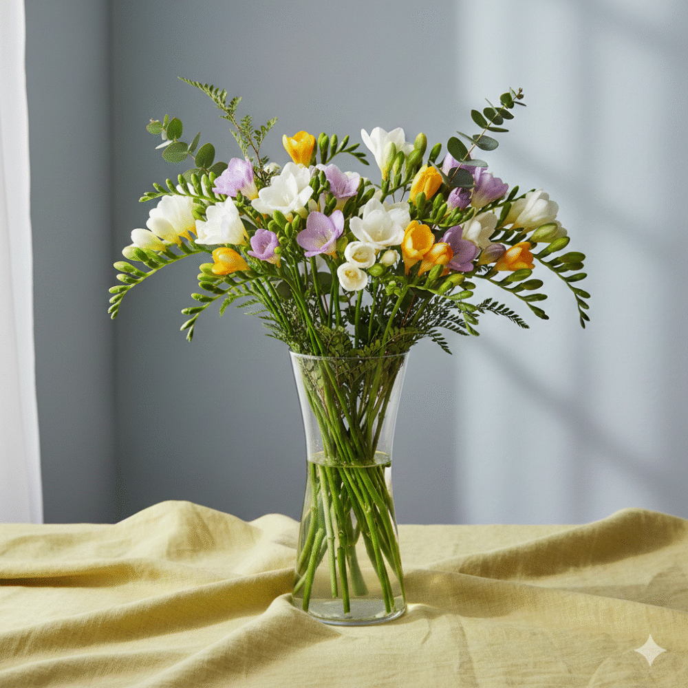 A stunning bunch of multi-colored long-stemmed freesias from Classic Flowers, showing the signature long stalks and fragrant buds grown at our Guernsey nursery.