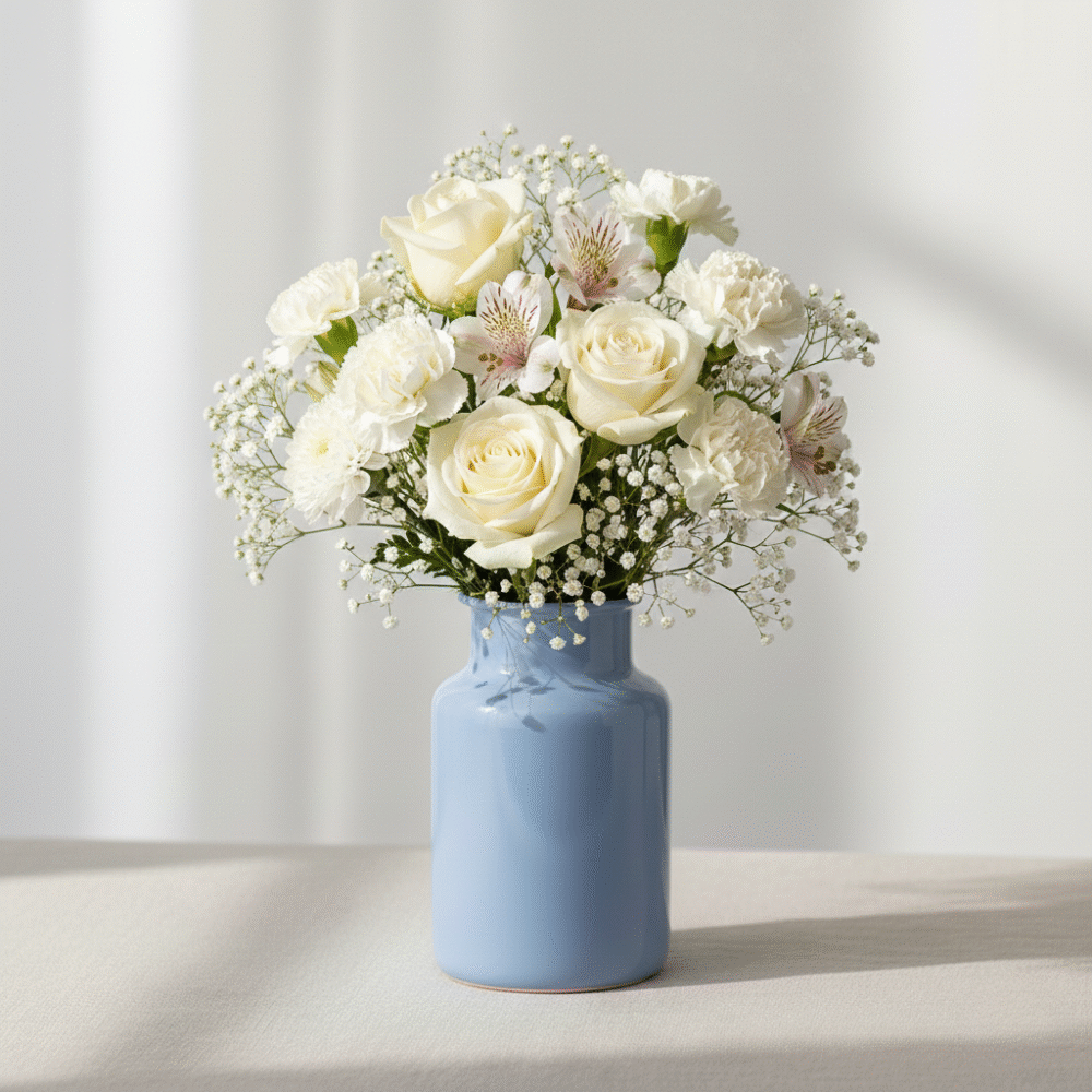 A luxury all-white floral arrangement by Classic Flowers featuring white roses, scented freesias, and alstroemeria with lush greenery, available for local delivery in Guernsey.