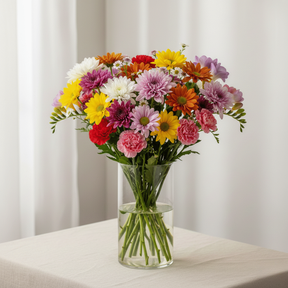 A bright and vivid Fiesta Bouquet by Classic Flowers, featuring a multicolored mix of sunflowers, purple statice, and pink gerberas, handcrafted at a Guernsey flower nursery.