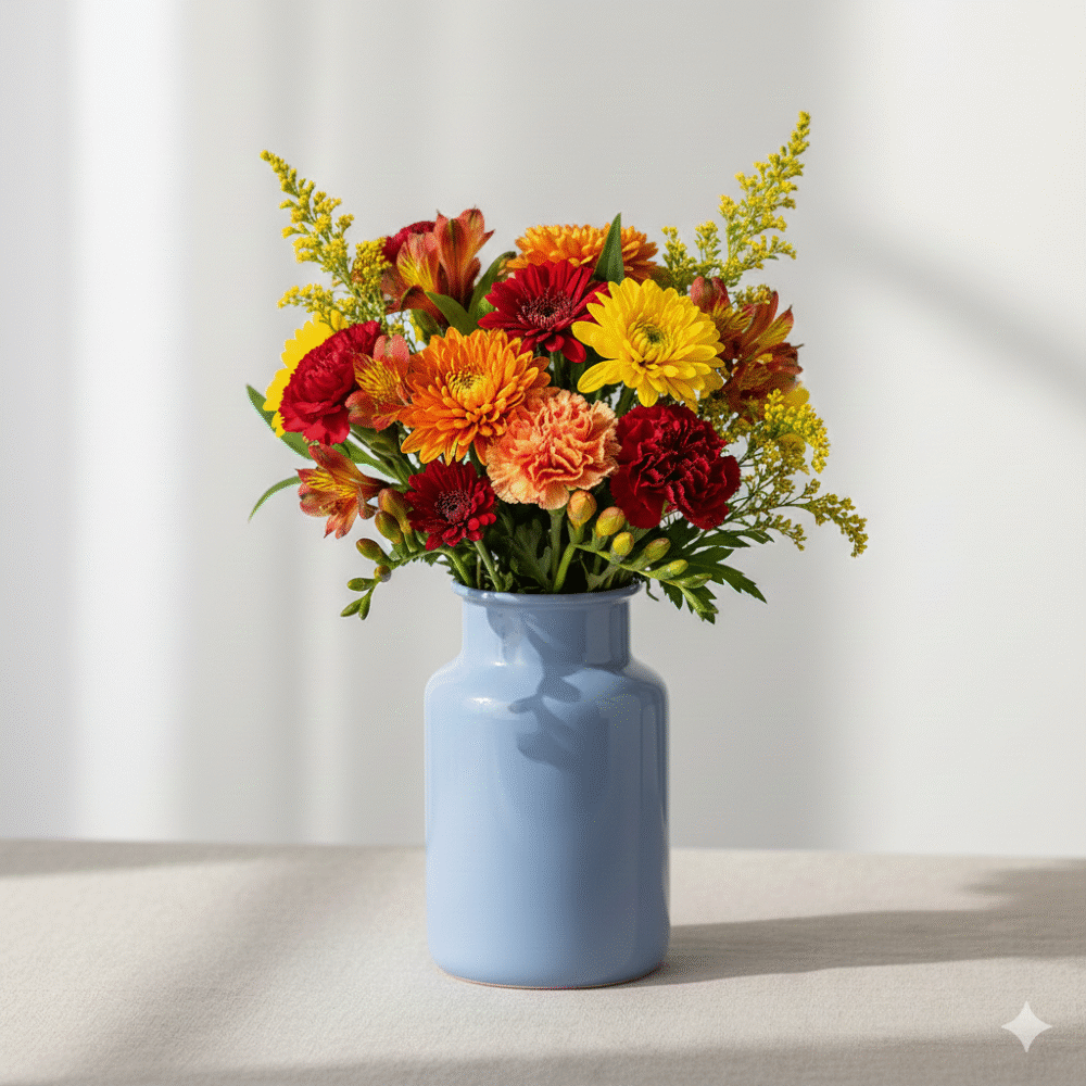 A bright yellow and orange Sunburst bouquet by Classic Flowers featuring large Sunflowers, Gerberas, and golden Solidago, freshly picked from a Guernsey flower nursery.