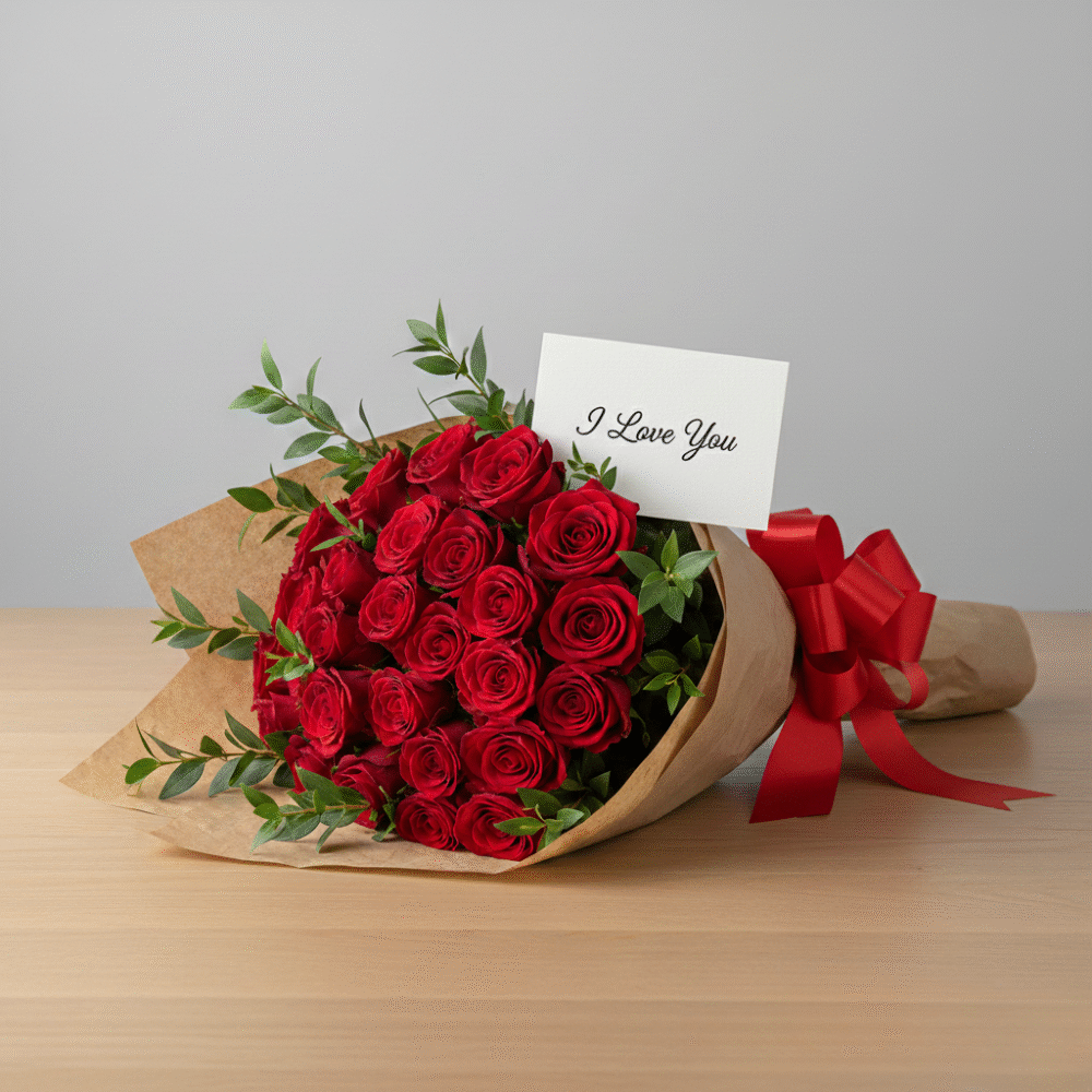 Valentine’s Day bouquet of red roses with green foliage