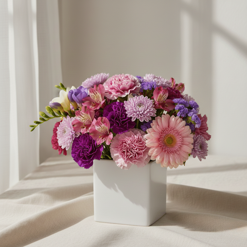 A lush Purple Passion floral arrangement by Classic Flowers, featuring a mix of dark violet and lavender seasonal flowers with green foliage, grown at our Guernsey nursery.