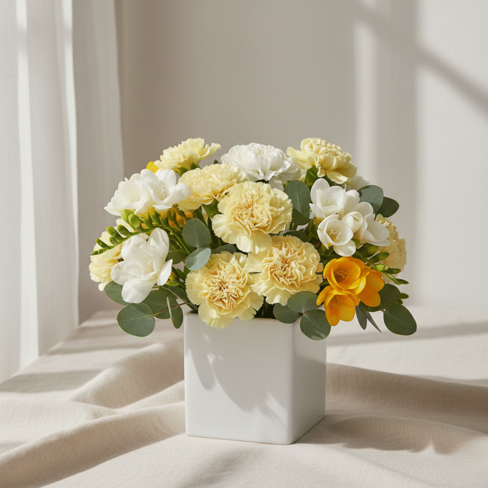 A traditional Heirloom Bouquet by Classic Flowers, featuring a mix of multi-colored scented freesias and vintage-style heirloom carnations, professionally packaged in a presentation box