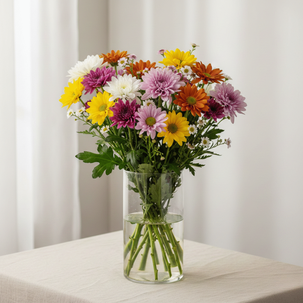A close-up view of a vibrant bunch of multi-colored Chrysanthemums with dense, textured petals and fresh green leaves, showcasing their hardy structure and bright hues.