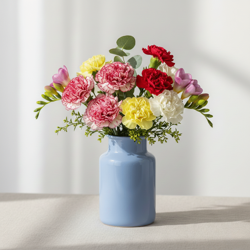 A colorful bouquet of mixed carnations featuring shades of pink, red, white, and yellow with ruffled petals and slender green stems against a soft background
