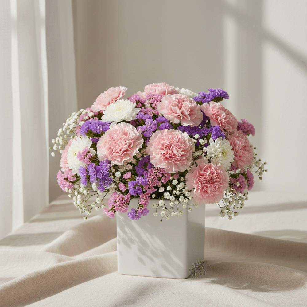 arge, hand-tied Blush & Bloom bouquet by Classic Flowers, featuring a dense mix of pink and white spray carnations, purple statice, and white gypsophila wrapped in premium paper.