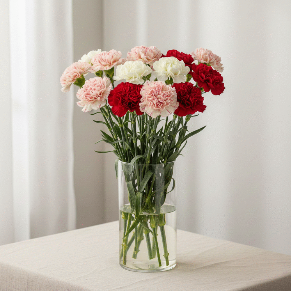 "Multi-colored carnation arrangement in a vase, ideal for gifting or home decoration, featuring a mix of red, orange, yellow, pink, white, and purple blooms."