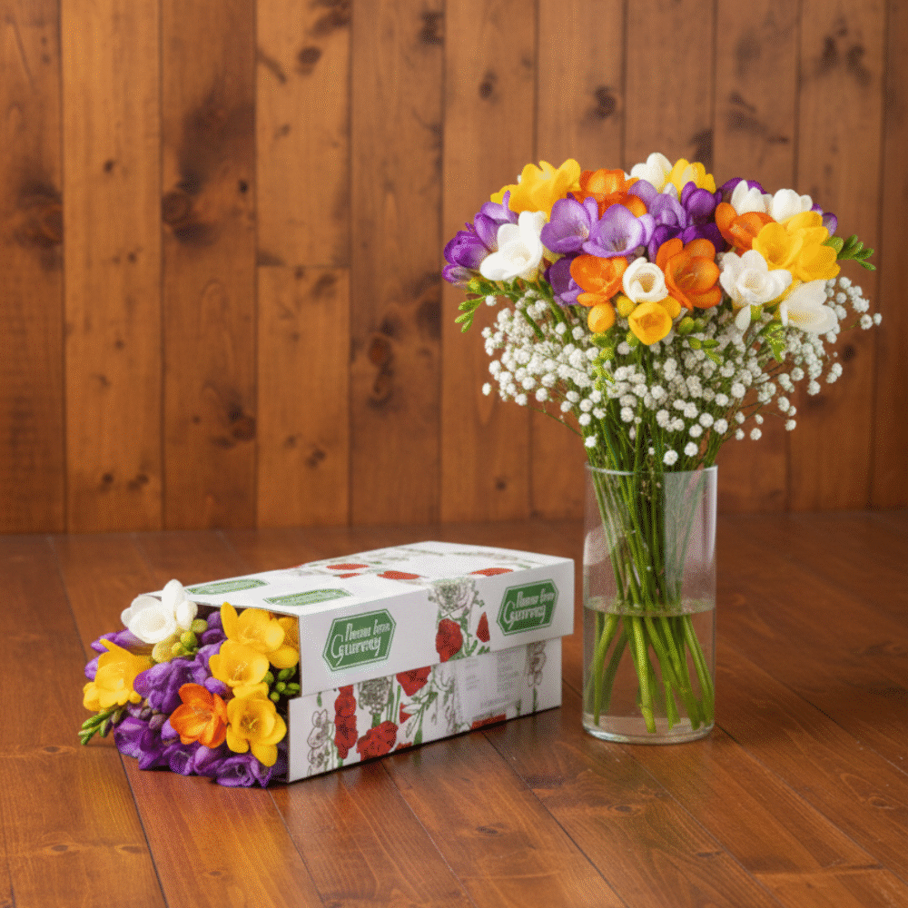 "Letterbox freesia delivery, multi-colored and fresh from Guernsey, offering convenient and stylish flower arrangements.