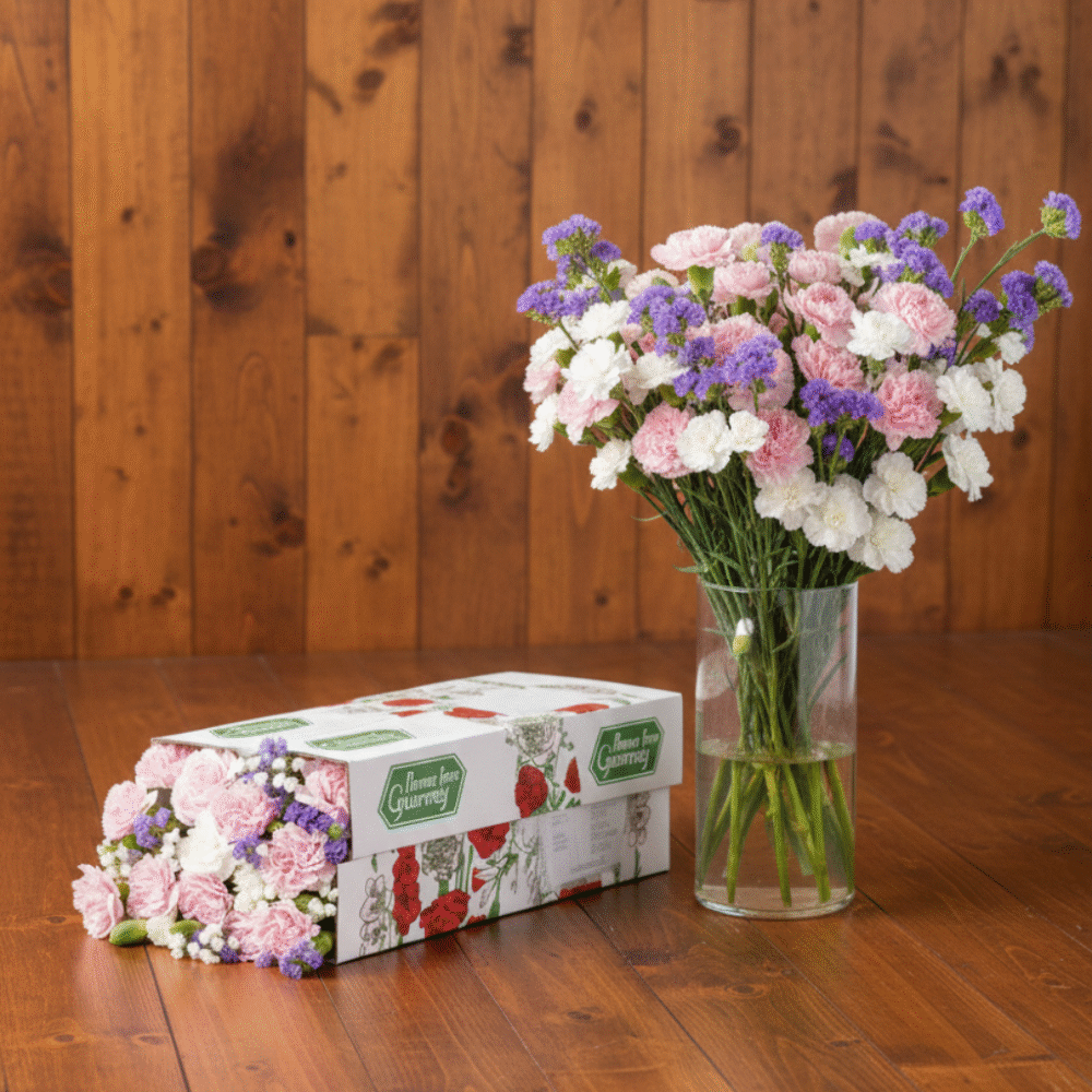 A flat-lay view of the Blush & Bloom letterbox flower kit by Classic Flowers, featuring pink and white spray carnations, purple statice, and white gypsophila laid out on a box.