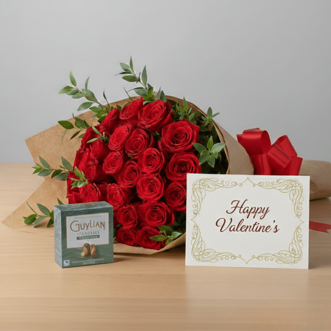 Valentine’s Day gift set featuring a large red rose bouquet, Guylian chocolates, and a Happy Valentine’s card for local delivery in Guernsey.