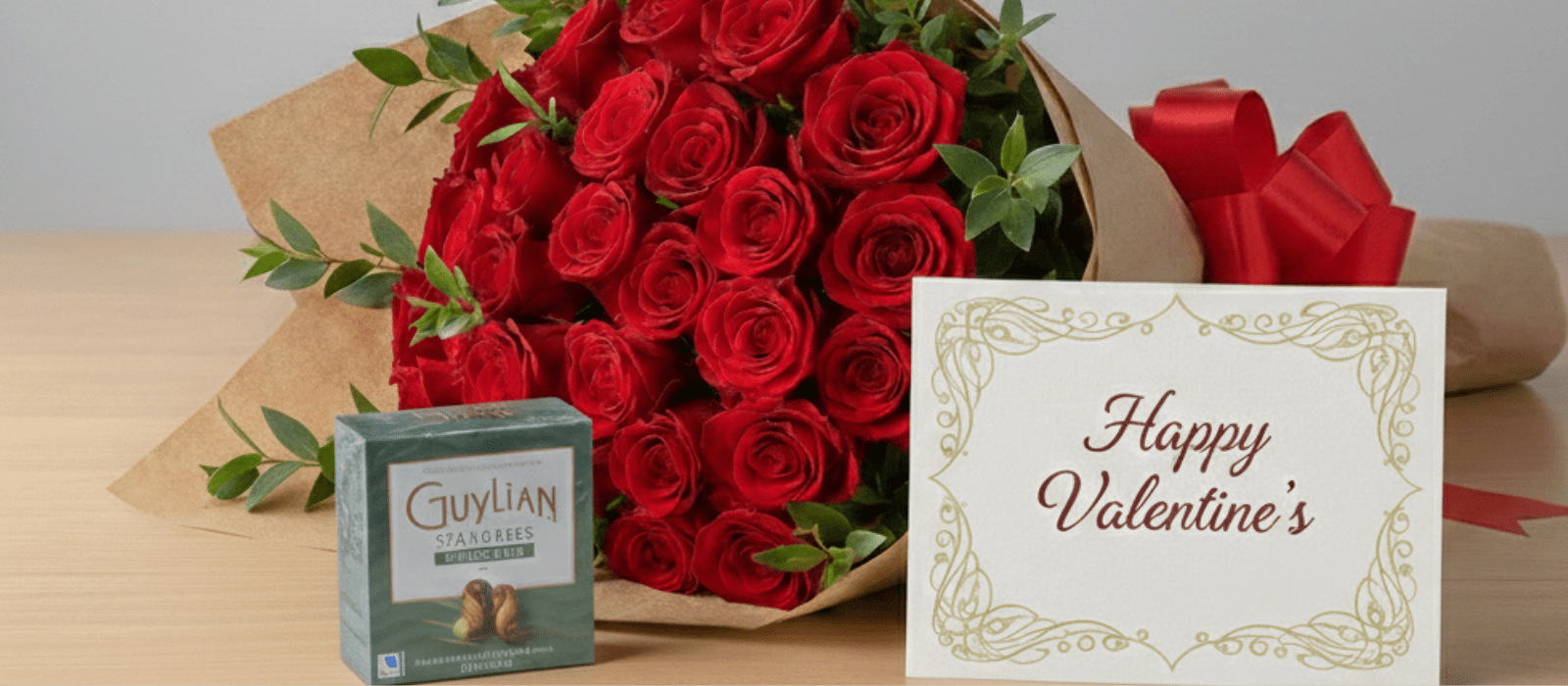Valentine’s Day gift set featuring a large red rose bouquet, Guylian chocolates, and a Happy Valentine’s card for local delivery in Guernsey.