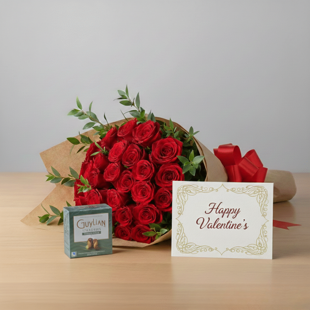 My Heart’s Home Valentine’s gift set with a dozen red roses, luxury chocolates, and a handwritten card for Guernsey delivery.